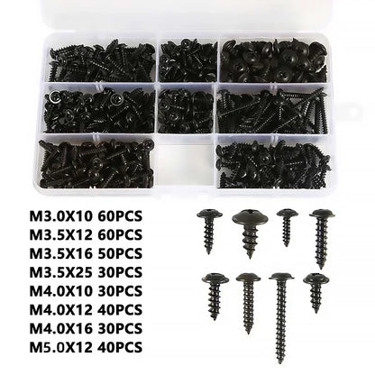 340PCS Assorted Screw Kit Black Carbon Steel Phillips Tapper Screws Set for DIY Furniture Wood Working Repair Fasteners Tool
