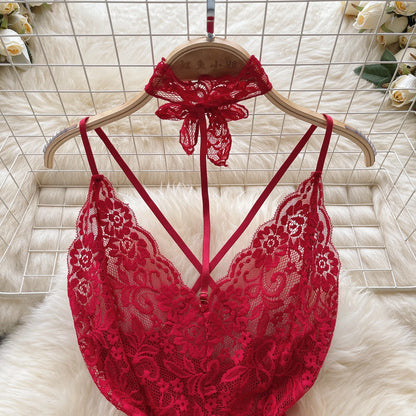 Sexy Lace Strap Jumpsuit Slim Fit Transparent Women's Pajamas Halter Playsuit Erotic Lingerie Catsuit Backless Hollowed Bodysuit