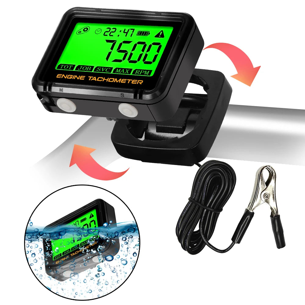 Moto Inductive Digital Tachometer SVC TOT JOB Engine Hour Meter Gauge Backlight Resettable RPM for Motorcycle Lawn Mower