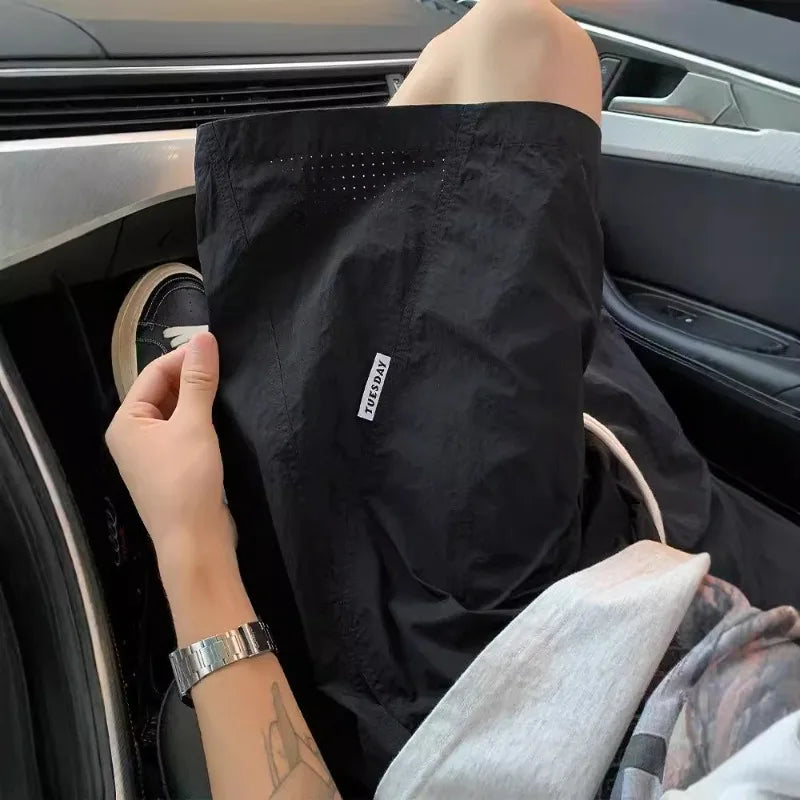Men's American Style Quick Dry Shorts Summer Loose Fit Breathable Casual Shorts Youth Streetwear Lightweight Knee Pants