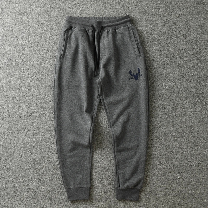 Autumn American Retro Terry Knitted Embroidery Sweatpants Men's Simple Elastic Waist Drawstring Sport Casual Youth Slim Pants