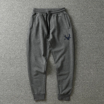 Autumn American Retro Terry Knitted Embroidery Sweatpants Men's Simple Elastic Waist Drawstring Sport Casual Youth Slim Pants