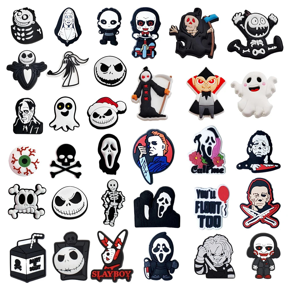 6-100pcs Halloween Black and White Classic PVC Shoes Charm Alligator Charm Accessories Fit Bracelet Boys Girl Xmas party gifts