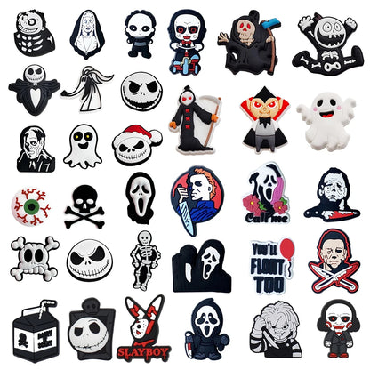 6-100pcs Halloween Black and White Classic PVC Shoes Charm Alligator Charm Accessories Fit Bracelet Boys Girl Xmas party gifts