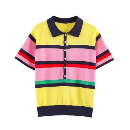 Fashionable Striped Knitted  Shirt Women's Spring Summer New Arrival Versatile Loose Fit Casual Polyester Fiber Short Sleeve