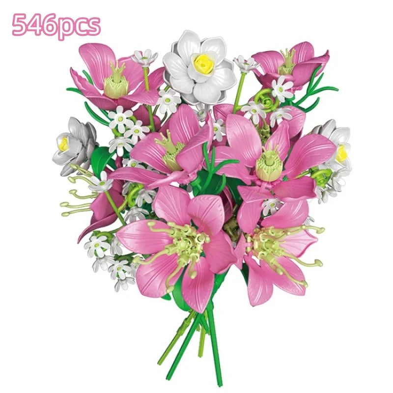 Creative 546PCS Pink lily Bouquet Building Blocks Jasmine Immortal Flowers Home Desk Plant Decoration Assemble Bricks Toys Gifts
