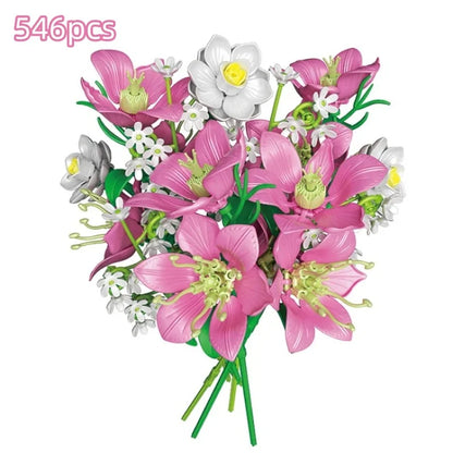 Creative 546PCS Pink lily Bouquet Building Blocks Jasmine Immortal Flowers Home Desk Plant Decoration Assemble Bricks Toys Gifts