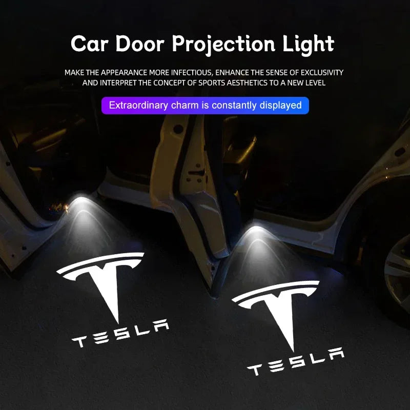 2/4Pcs Car Door Projector Lamps HD LED Welcome Lights Accessories For Tesla Model-Y Model-3 Model-X Model-S Cybertruck Roadster