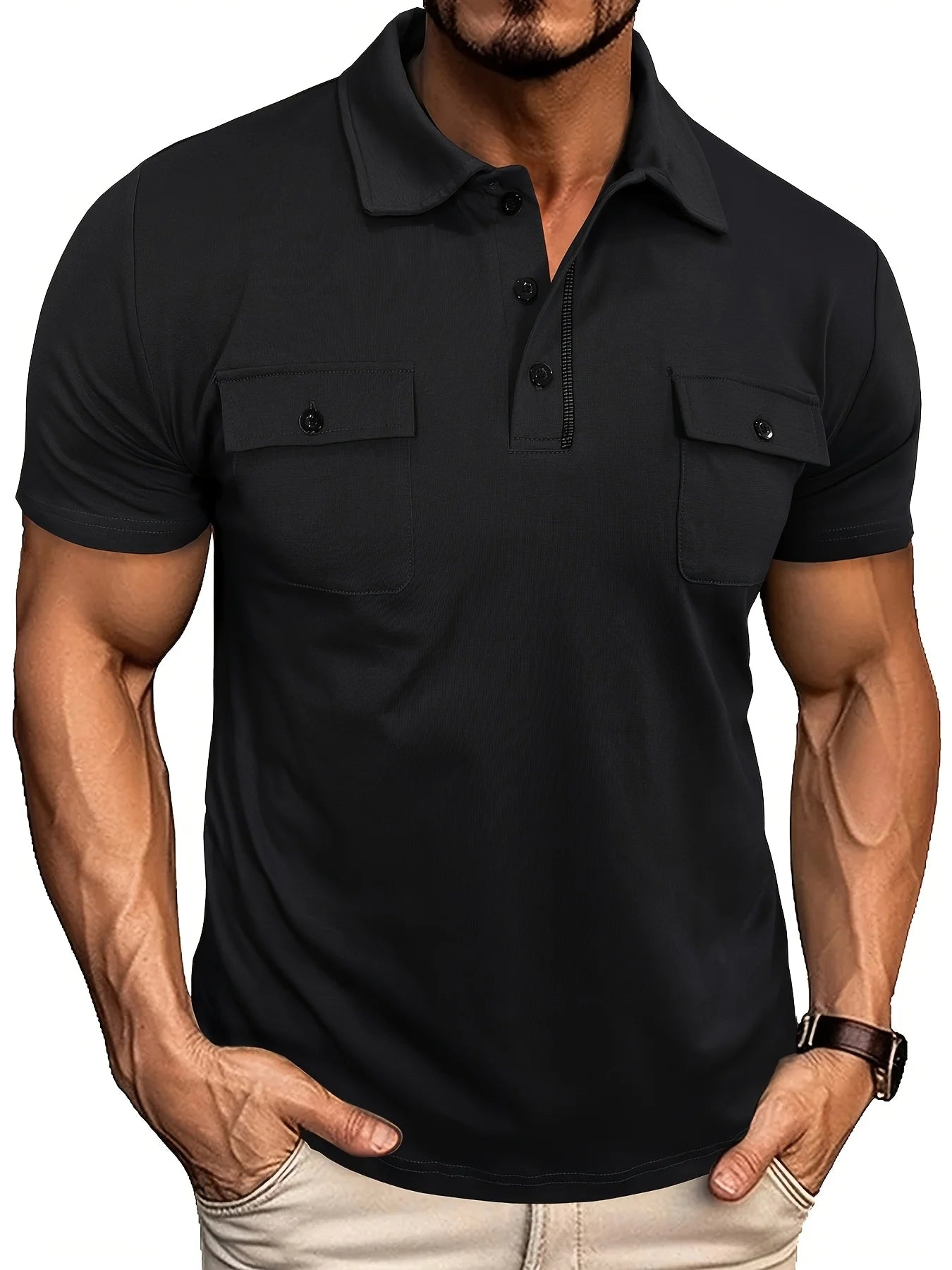 Summer Men's Short-Sleeve Polo Shirt Casual Solid Color Turn-Down Collar T-Shirt Pullover Top Henley Shirt with Pockets