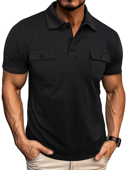 Summer Men's Short-Sleeve Polo Shirt Casual Solid Color Turn-Down Collar T-Shirt Pullover Top Henley Shirt with Pockets