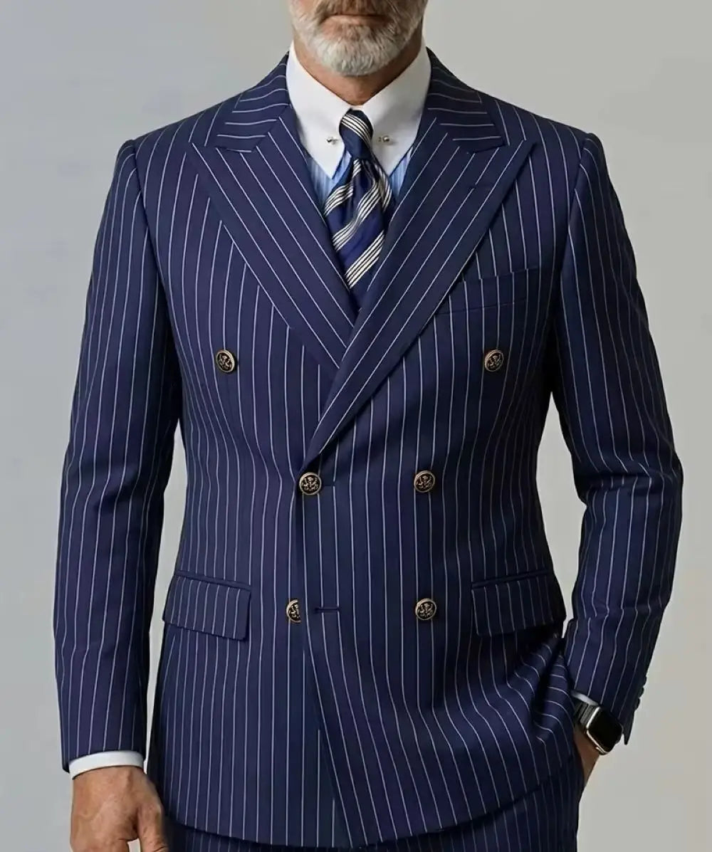 Men's Navy Blue Striped Double Breasted Blazer, Peaked Lapel Slim Fit Single Suit Jacket, Business Office Formal Wear