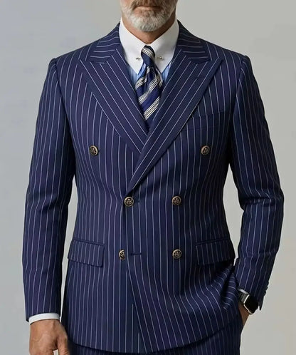 Men's Navy Blue Striped Double Breasted Blazer, Peaked Lapel Slim Fit Single Suit Jacket, Business Office Formal Wear