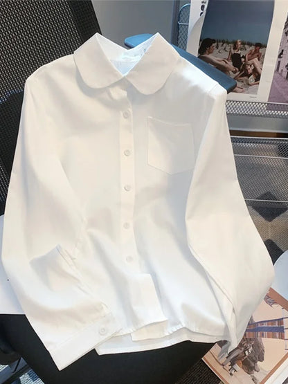 White round Neck Long Sleeve Basic Style Women's Shirt Jk Uniform Loose Fit Inner Wear Base Layer Sweet College Style Polyester