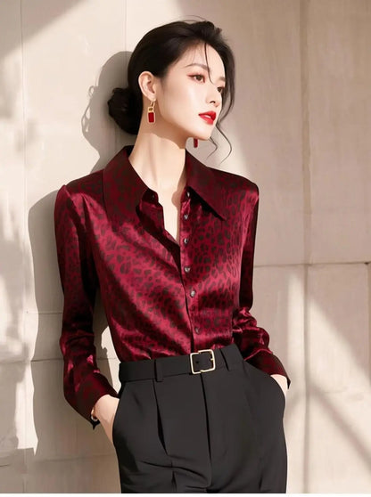 Red Leopard Print Long Sleeve Shirt Women's Fashionable Maturity Style Premium Quality Top Trendy Autumn 2025 Casual Wear