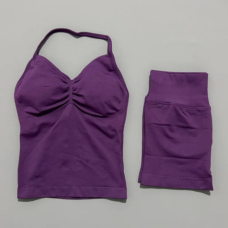 HISTELLO 2 Pieces Sports Set Women Yoga Longline Strap Top Scrunch Seamless Shorts Sport Gym Set Sportswear Workout Fitness Set