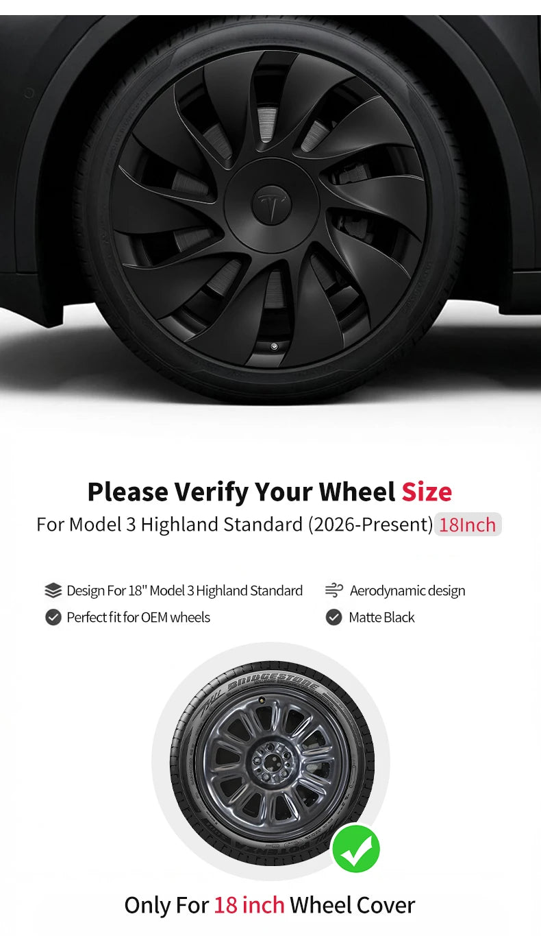 4PCS Hubcaps for Tesla Model 3 Highland 2026 Standard 18Inch Full Rim Covers Replacement Wheel Cover Accessories Only for Standa