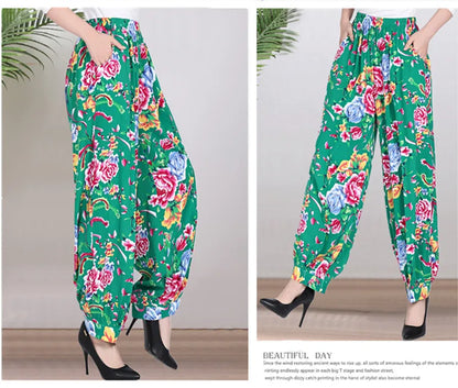 High Waist Lantern Pants Casual Cotton Silk Large Size Printed Long Trousers for Middle-Aged And Elderly Women