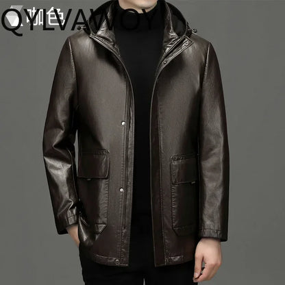 QYLVAWOY Leather Down Jacket Hooded Mid-length 90% White Duck Down Coat Detachable Liner Fashion PU Leather Jackets Man Clothing