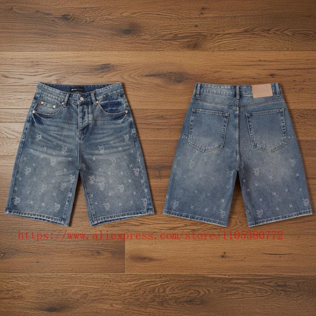 American Fashion Rhinestone-decorated Denim Shorts for Men Y2K Washed Blue Loose Denim Shorts Street Style Summer Casual Shorts