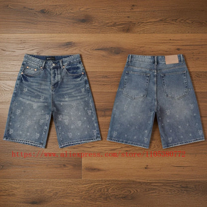 American Fashion Rhinestone-decorated Denim Shorts for Men Y2K Washed Blue Loose Denim Shorts Street Style Summer Casual Shorts