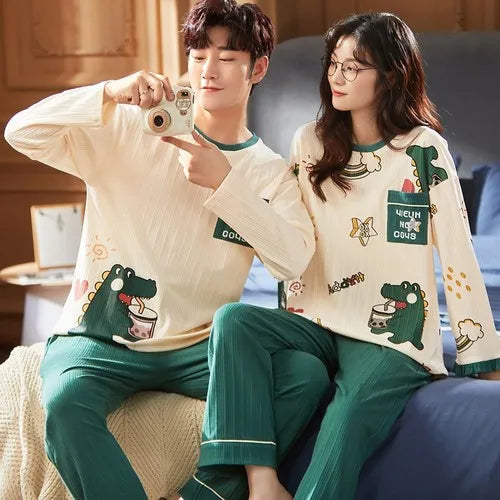 2023 New Cartoon Cute Pajamas Set for Couples Cotton Long Sleeves Sleep Top & Long Pant Spring Nightwear for Men and Women Pjs