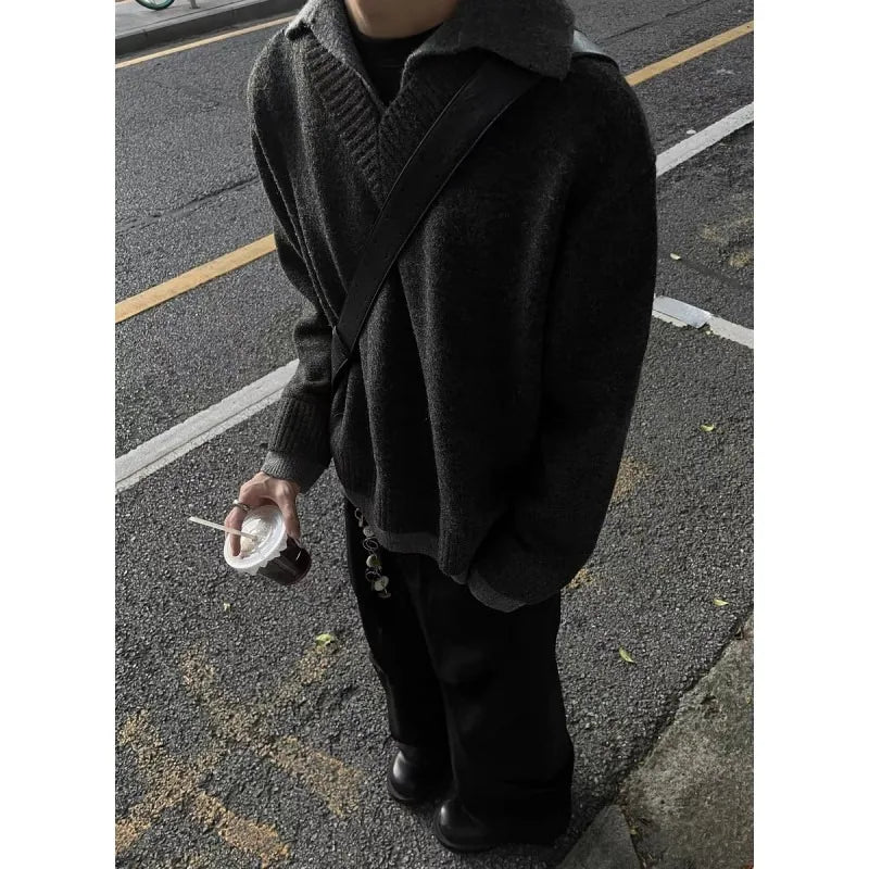 Retro fake two piece V-neck sweater men's winter lapel old money style knitted sweater top lazy style jacket