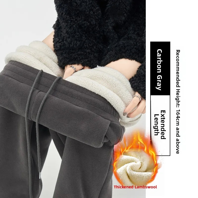 Gray Lamb Velvet Sport Pants Women's High Waist Drapey Fleece Wide Leg Casual Small Size Thickened Cotton Pants