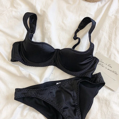 Sexy small half cup top support retro style niche underwear set bra glossy bralette with steel ring women lingerie panty suit