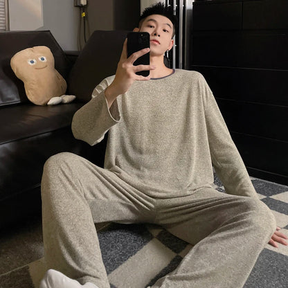 Grey Knitted Fleece Lined Long Sleeve Sleepwear Set for Men Autumn Winter Warm Home Clothes Set Large Size Comfortable Leisure