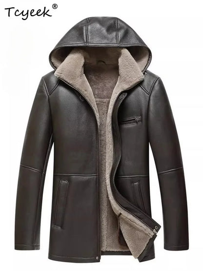 Tcyeek Natural Sheepskin Fur Winter Coat Genuine Leather Jacket Men Clothes Motocycle Jackets Mens Coats Hoodie Куртка Мужская