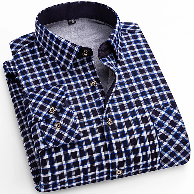 Winter Warm Shirt For Man Thickened Flannel Plaid Casual Menswear Long Sleeve Plus Fleece Big Size Regular Fit Smart Dress Shirt