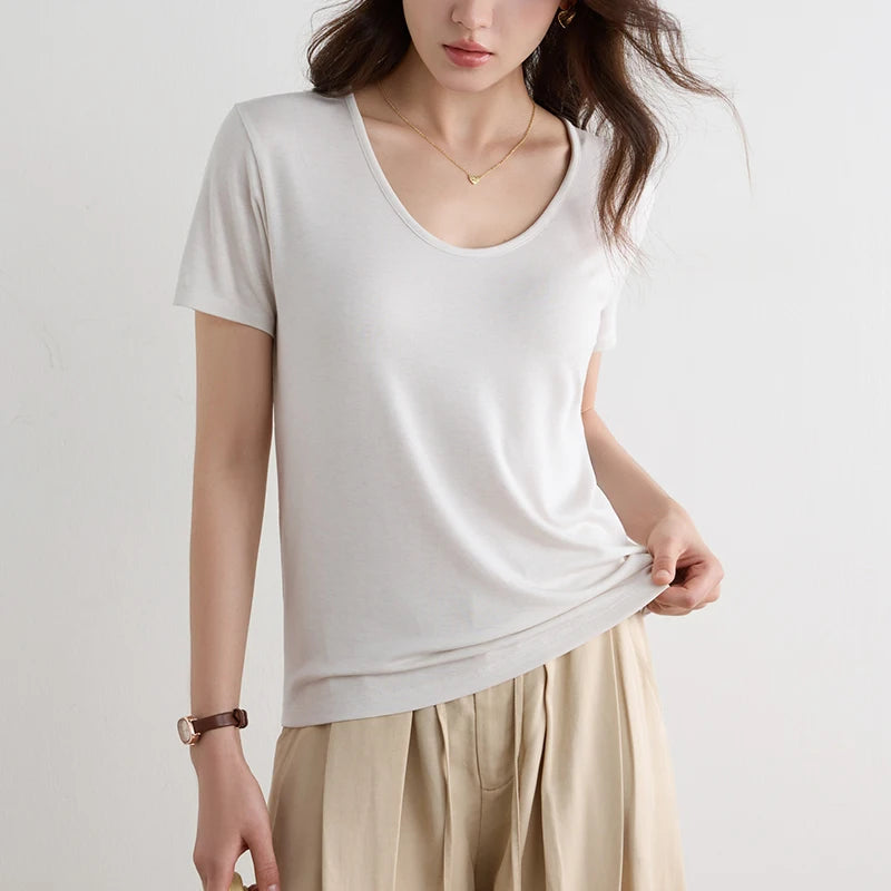 Women Lyocell T Shirt U Neck Short Sleeve Summer Slim Fit Basic Casual Top