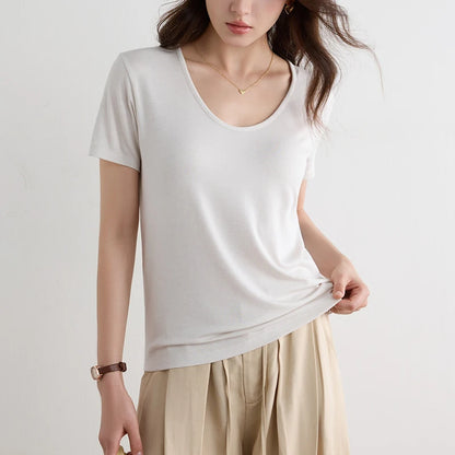 Women Lyocell T Shirt U Neck Short Sleeve Summer Slim Fit Basic Casual Top