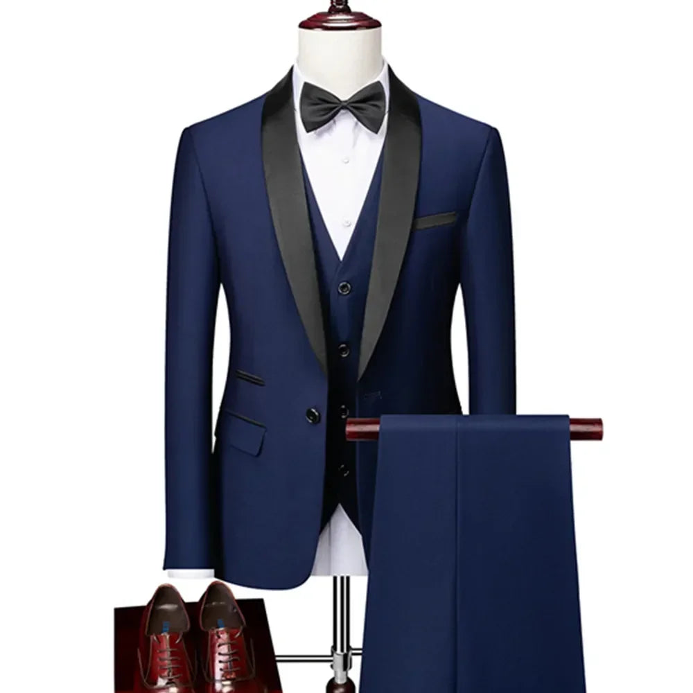 Men's Lapel Black Suit Set Coat Vest Trousers / Business Groomsmen Groom Wedding Dress Fprmal Blazer Pants