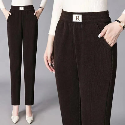 Autumn Winter Thickened Fleece Harlan Pants Women's Loose Casual Straight Leg Pants with Pockets Polyester Fiber Long Trousers