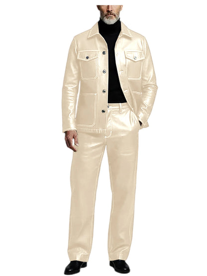 Men's 2 Piece PU Leather Suit Set Multi Pocket Shirt Collar Trucker Jacket Straight Leg Pants Business Casual Streetwear Outfits