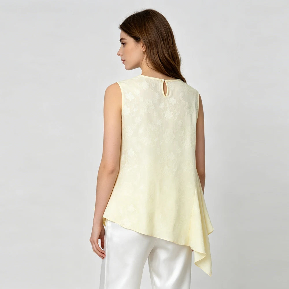 2026 Women's Fashion Summer New 100% Natural Mulberry Silk HuaLuo Beige Irregular Breathable Round Neck Sleeveless Tank Top