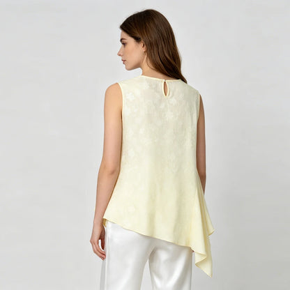 2026 Women's Fashion Summer New 100% Natural Mulberry Silk HuaLuo Beige Irregular Breathable Round Neck Sleeveless Tank Top