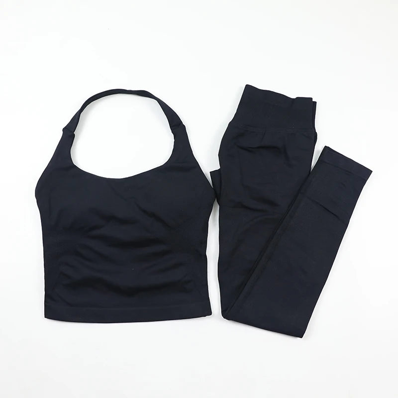 Women's Halter Neck Backless Yoga Set Seamless 2-Piece Outfit Ribbed High-Waist Scrunch Shorts Butt Lifting Gym Pilates Fitness