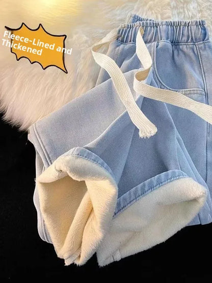 Thickened Fleece Straight Leg Jeans Women Winter New Small Size Wide Leg Cotton Elastic Waist Autumn Winter Pants