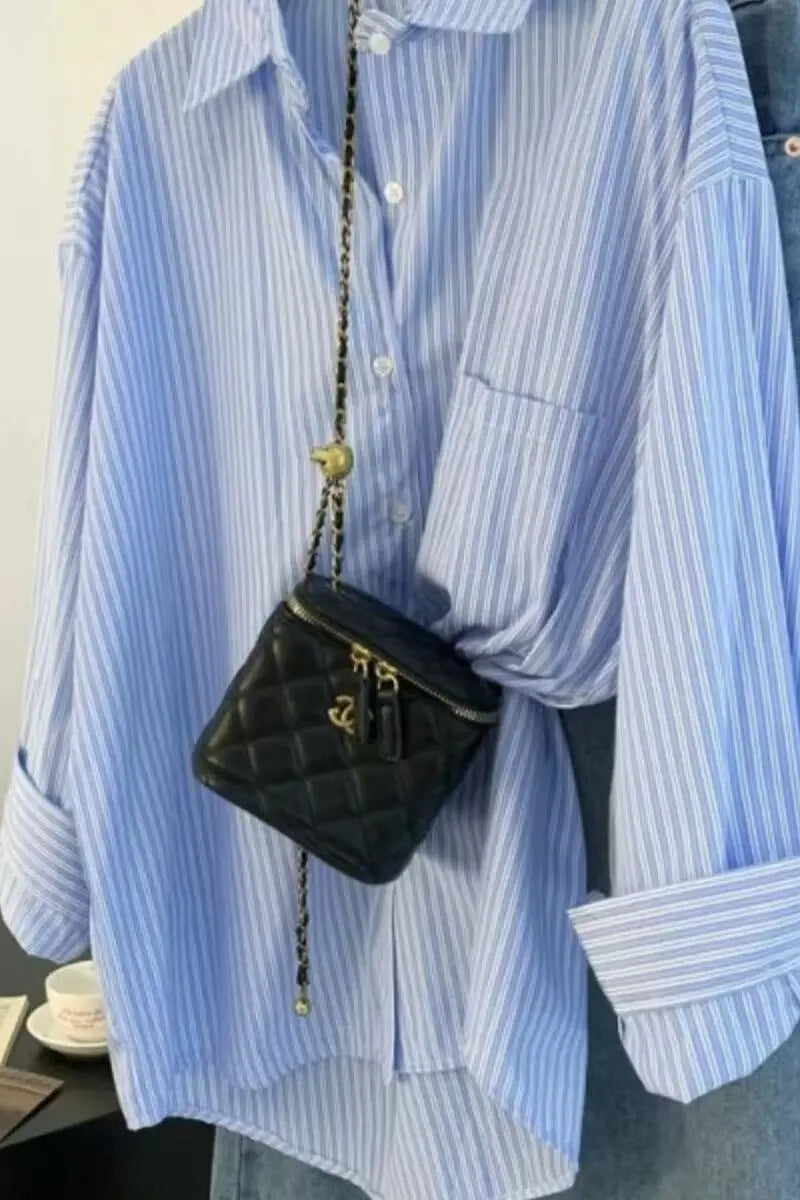 Retro Lazy Sle Blue Striped Women's Long Sve irt Spring Autumn Design Sense Small ence Outerwear Blouse