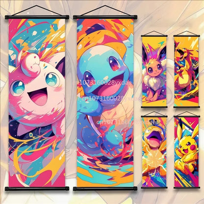 Anime Pokemon Scroll Painting Bulbasaur Charmander Squirtle Poster and Print Watercolor Wall Art Picture Home Decor Kids Gifts