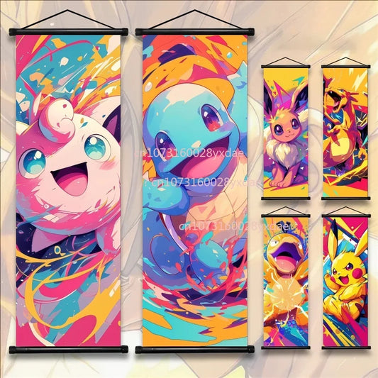 Anime Pokemon Scroll Painting Bulbasaur Charmander Squirtle Poster and Print Watercolor Wall Art Picture Home Decor Kids Gifts