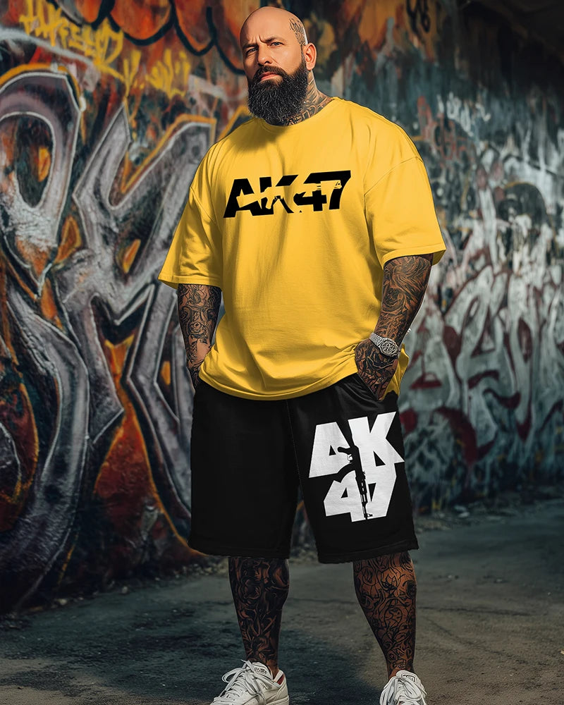9XL Plus Size Men's AK47 Street Print T-Shirt & Shorts 2-Piece Set Soft Breathable Urban Streetwear Outfit