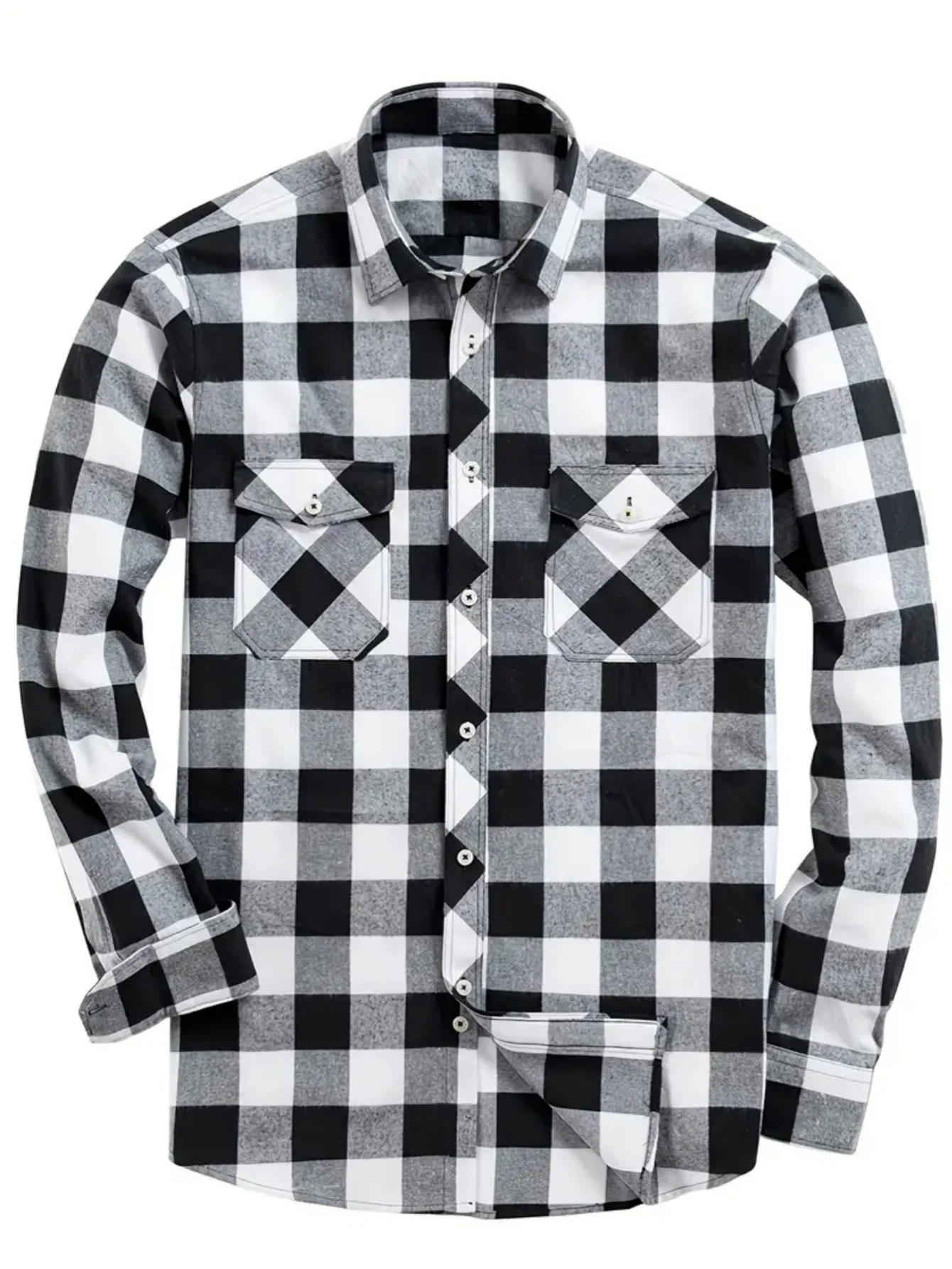 LVLAEA Plaid Pattern Men Fall Winter Buttonup Streetwear Long Sleeve Lapel Collar Pocket Decoration Trendy Y2K Tated Shirt for M