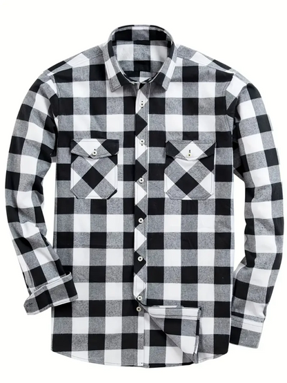 LVLAEA Plaid Pattern Men Fall Winter Buttonup Streetwear Long Sleeve Lapel Collar Pocket Decoration Trendy Y2K Tated Shirt for M