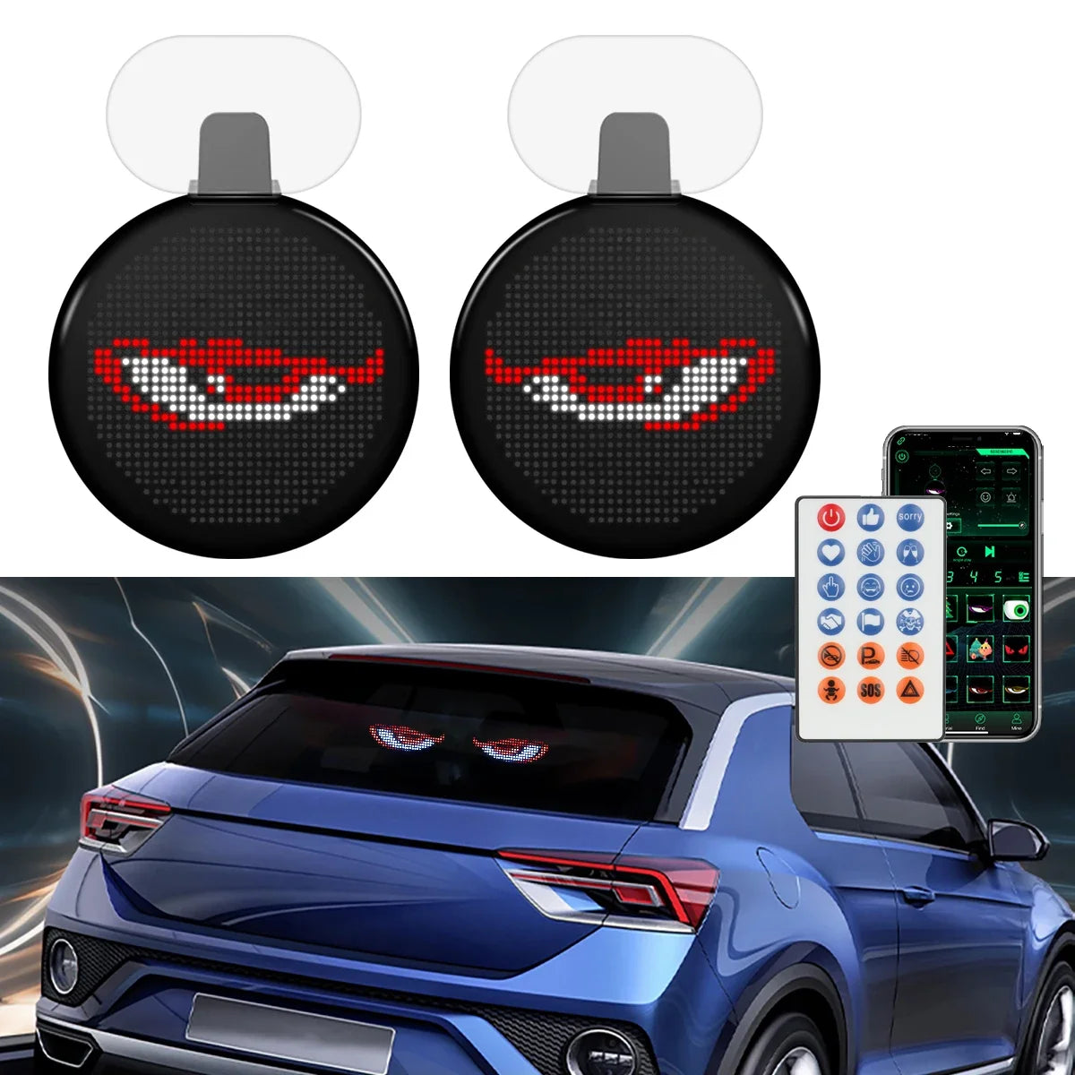 Car LED Interactive Screen Round Devil Eyes LED Sign Smart LED Display APP Remote Control Front Rear Windshield DIY Graffiti