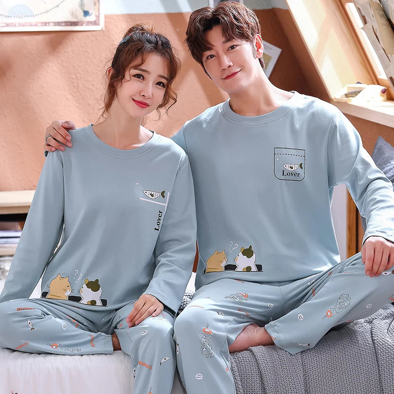 2023 New Cartoon Cute Pajamas Set for Couples Cotton Long Sleeves Sleep Top & Long Pant Spring Nightwear for Men and Women Pjs
