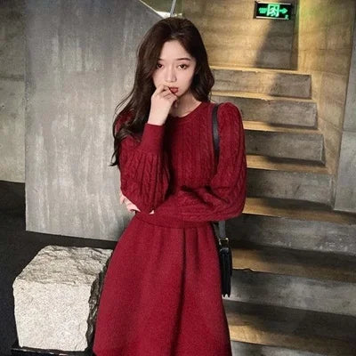 High Waist A-Line Knitted Dress Long Sleeve Base Layer Shirt Waist Cinched Black Dress Autumn Wear Korean Style Commute Dress