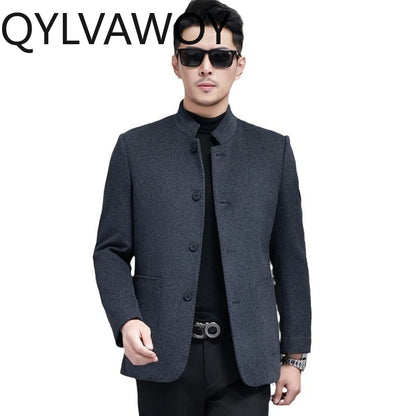 QYLVAWOY Men's Wool and Trench Coats Man Jacket Cashmere Stand Collar Jackets Goose Down Liner Thicken Clothes for Man High-end